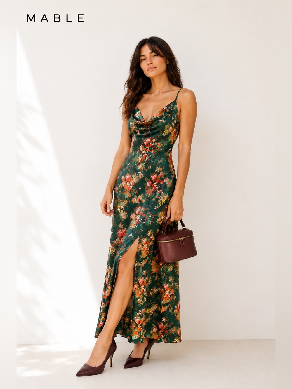 NWT Mable Floral Satin Cowl Neck Maxi Dress Green Strappy Back
